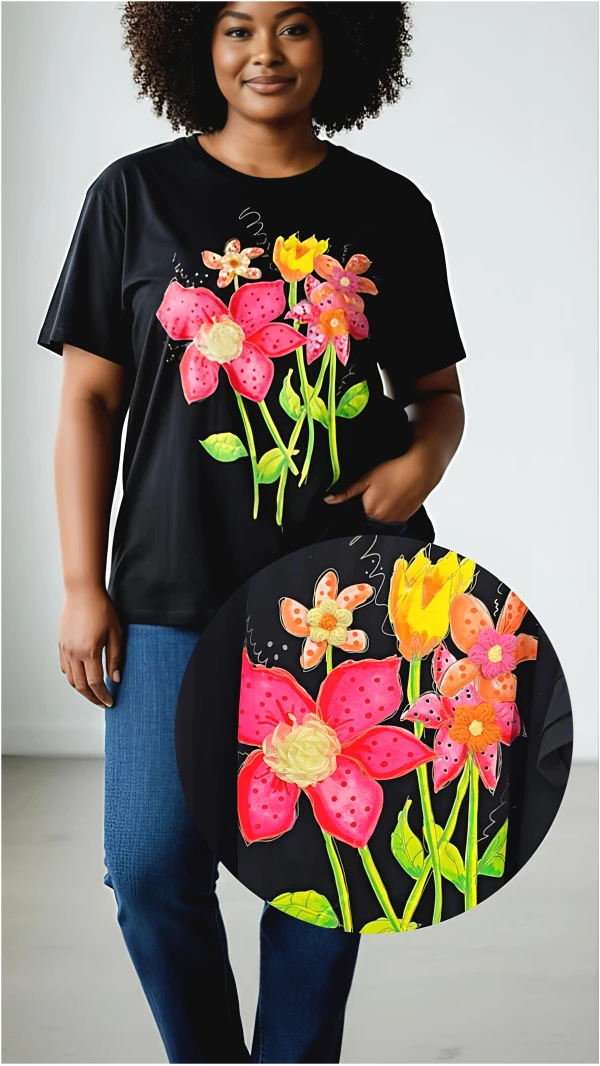 T-SHIRT FLY 3D KWIAT CZARNY RÓŻ