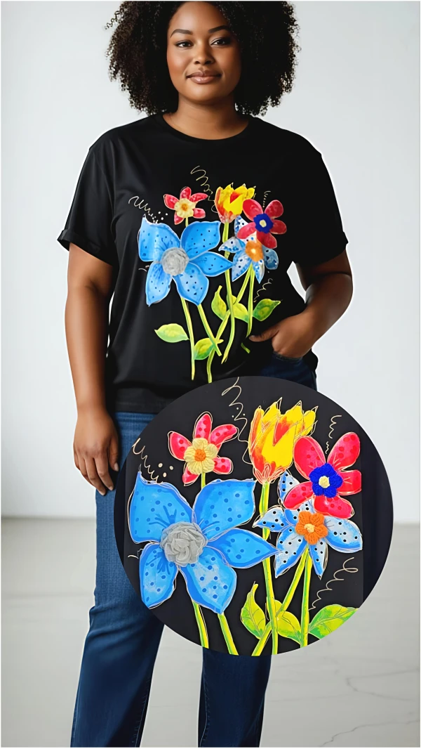 T-SHIRT FLY 3D KWIAT CZARNY NIEBIESKI