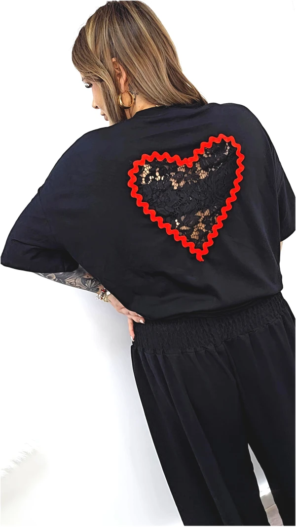 T-SHIRT CZARNY SERCE KORONKA